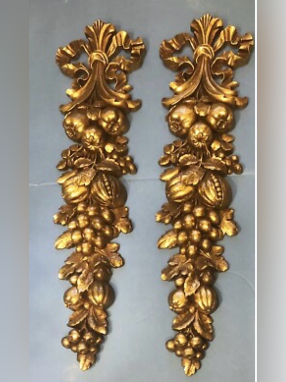 Vintage Syroco Gold Ornate Fruit Garland Wall Decor Pair - Decorative Home Accen
